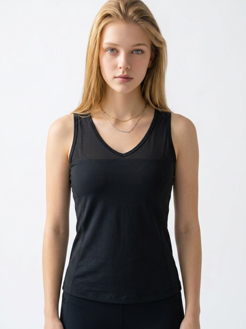 LUCY | Solid Black V-Neck Mesh Insert Tank Top Women’s Size Medium Long